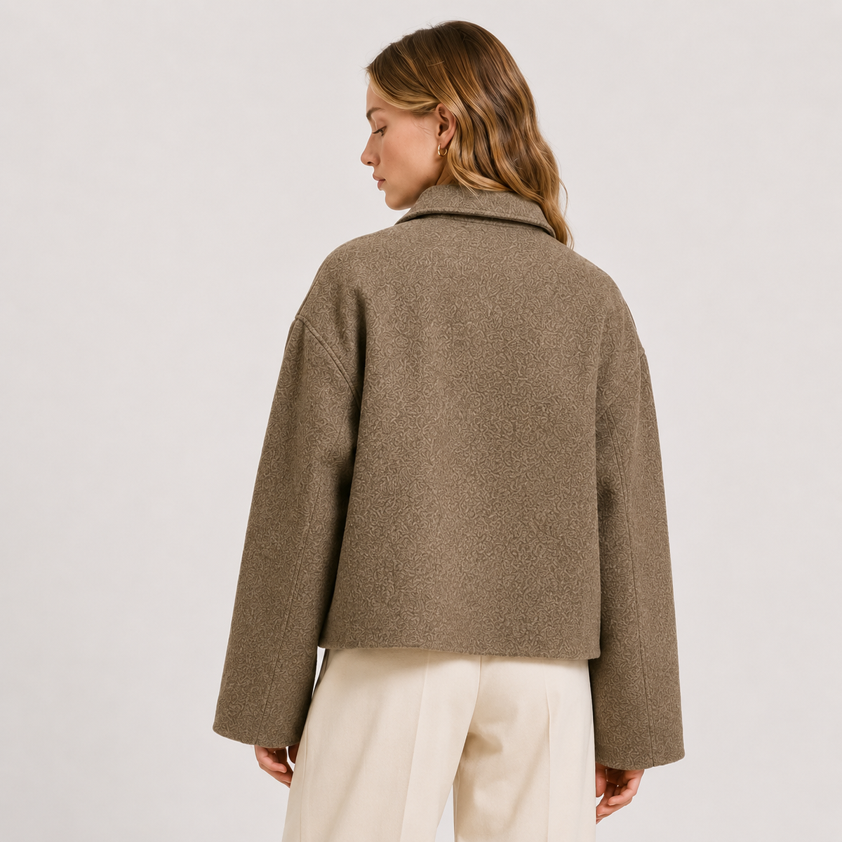 Taupe Relaxed Wool Jacket with Textured Finish and Satin Lining — variant_front