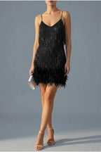 Sophie | Women's Sequin Fringe Feather Trim Cocktail Dress — variant_front