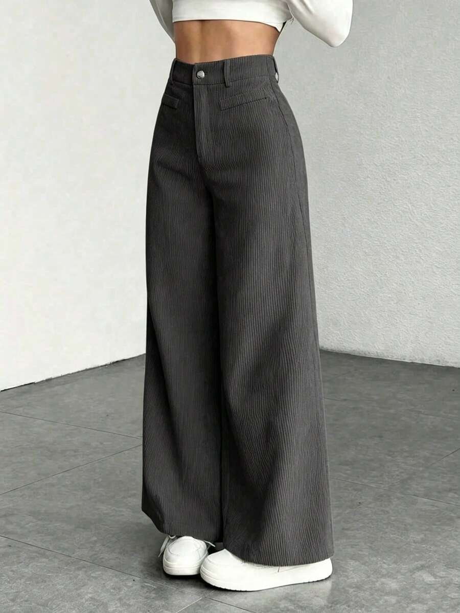 High Waist Wide Leg Corduroy Trousers with Flap Pockets — variant_front