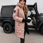 Hooded Long Quilted Puffer Coat with Diamond Stitch Detail — variant_front