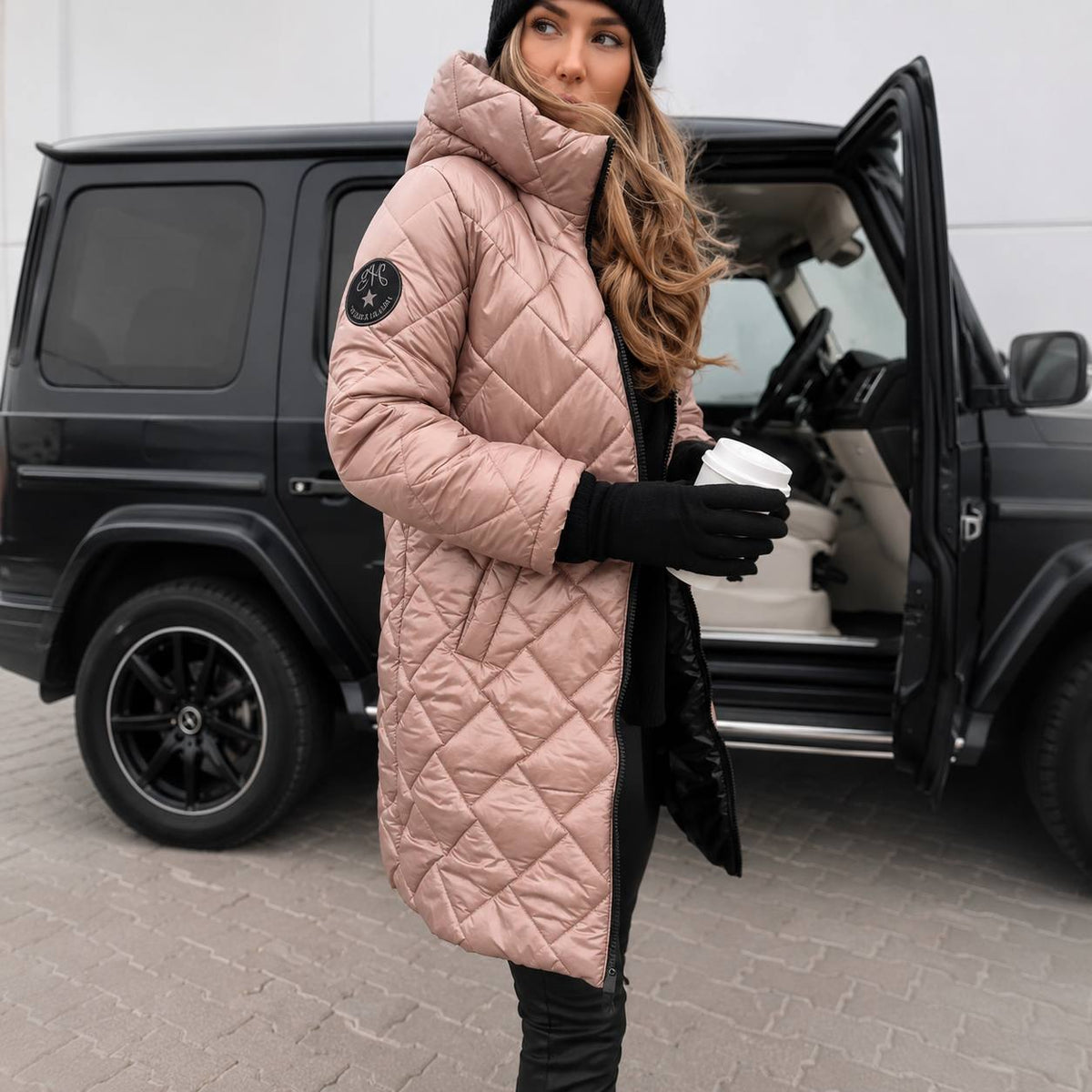 Hooded Long Quilted Puffer Coat with Diamond Stitch Detail — variant_front