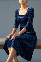 Scarlett | Women's Square Neck Velvet Floral Embossed Party Dress — variant_front