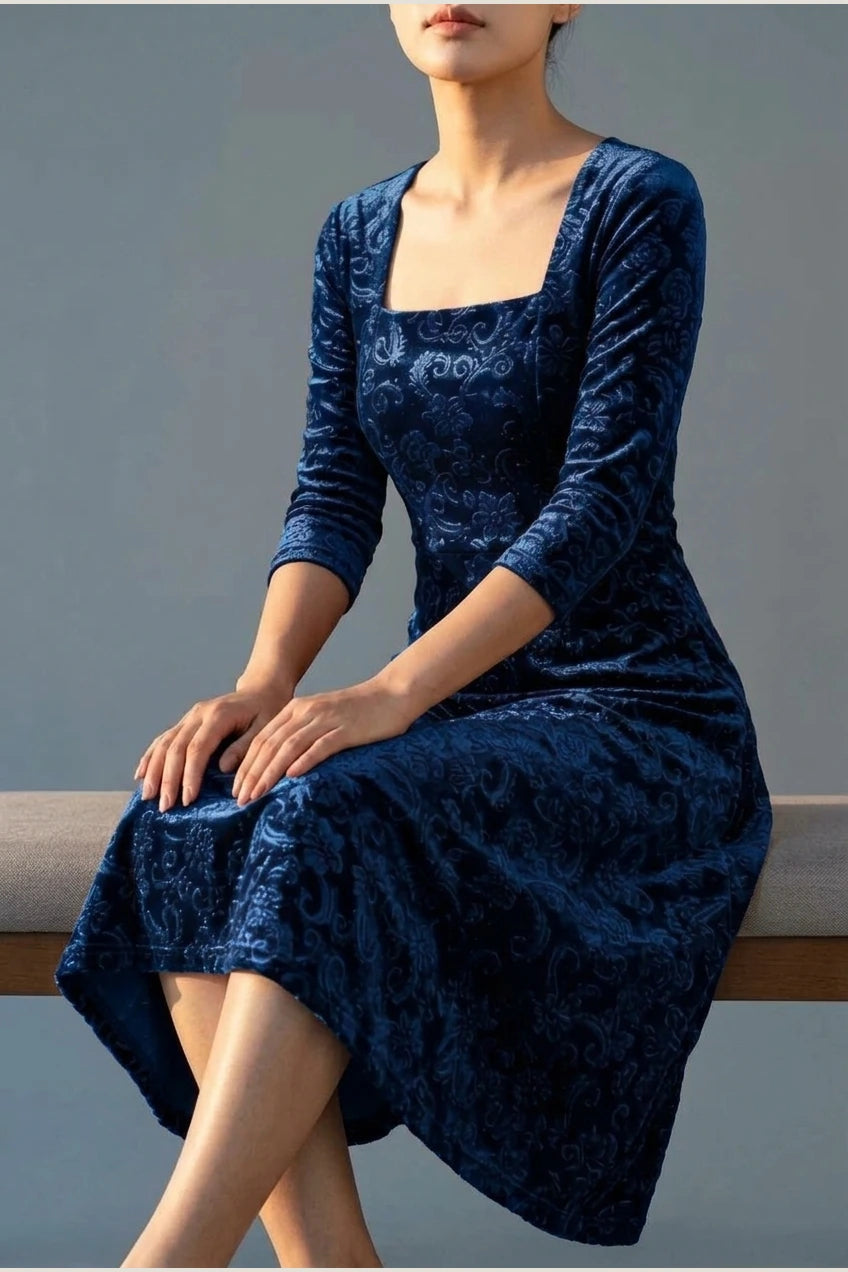 Scarlett | Women's Square Neck Velvet Floral Embossed Party Dress — variant_front