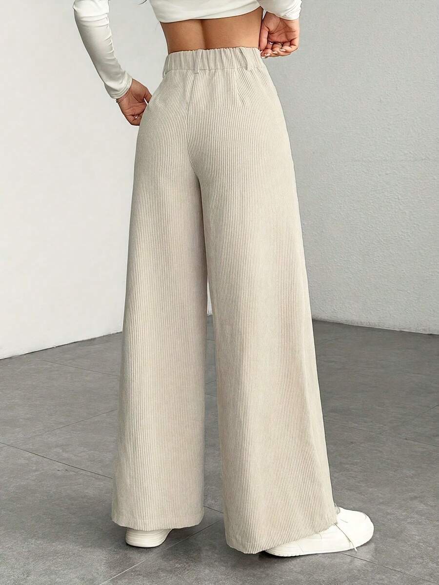High Waist Wide Leg Corduroy Trousers with Flap Pockets — variant_front