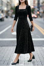 Scarlett | Women's Square Neck Velvet Floral Embossed Party Dress — variant_front