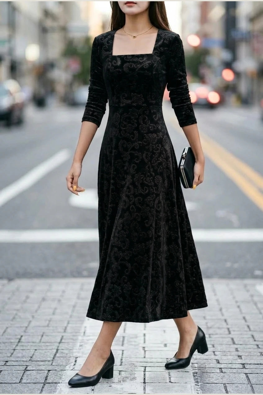 Scarlett | Women's Square Neck Velvet Floral Embossed Party Dress — variant_front
