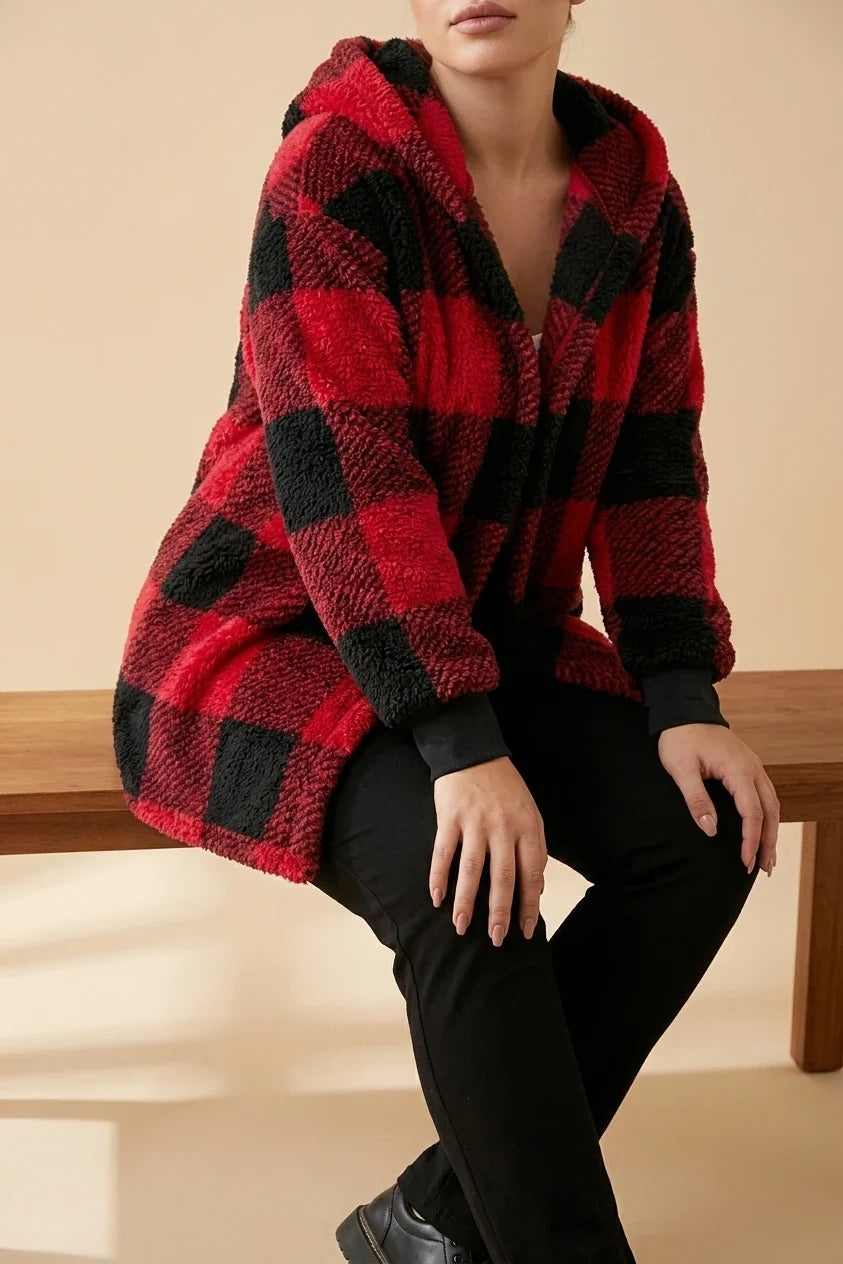 Plus Size, Plus Size Women's Elegant Red & Black Plaid Hooded Jacket - Warm Winter Suitable for Fall/Winter, Cozy Outerwear with Hood, Machine Washable Blazer for Weather, Hand Washable or Dry Cleanable (No) — variant_front