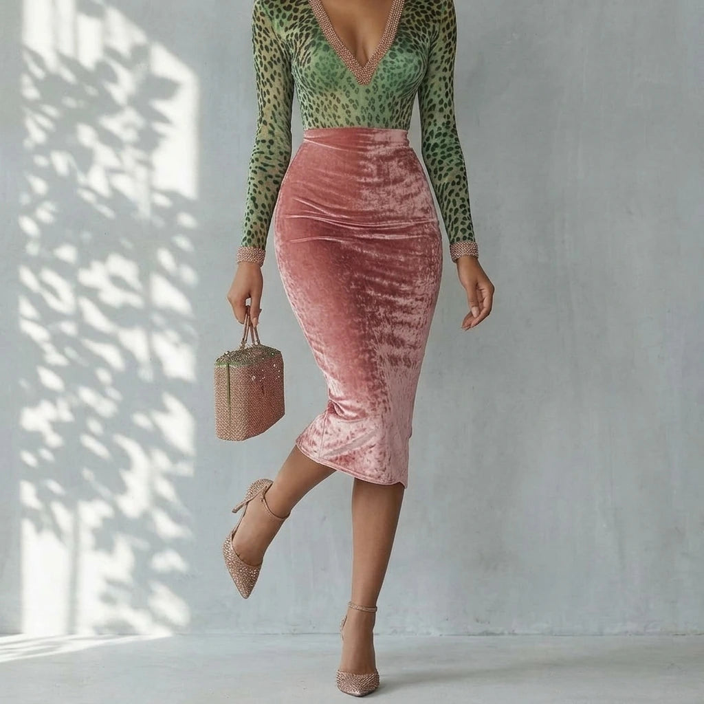 Virelline – Leopard velvet contrast – Bodycon midi dress — variant_front