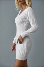 Women's Cable Knit V-Neck Jumper Dress Long Sleeve — variant_front