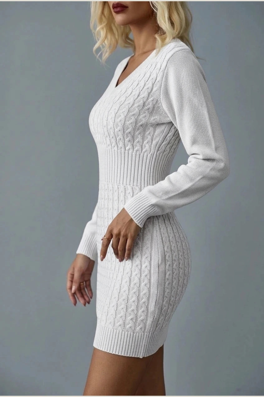 Women's Cable Knit V-Neck Jumper Dress Long Sleeve — variant_front