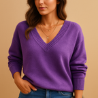 Soft Knit Sweater with Ribbed V-Neckline and Ribbed Cuffs — variant_front