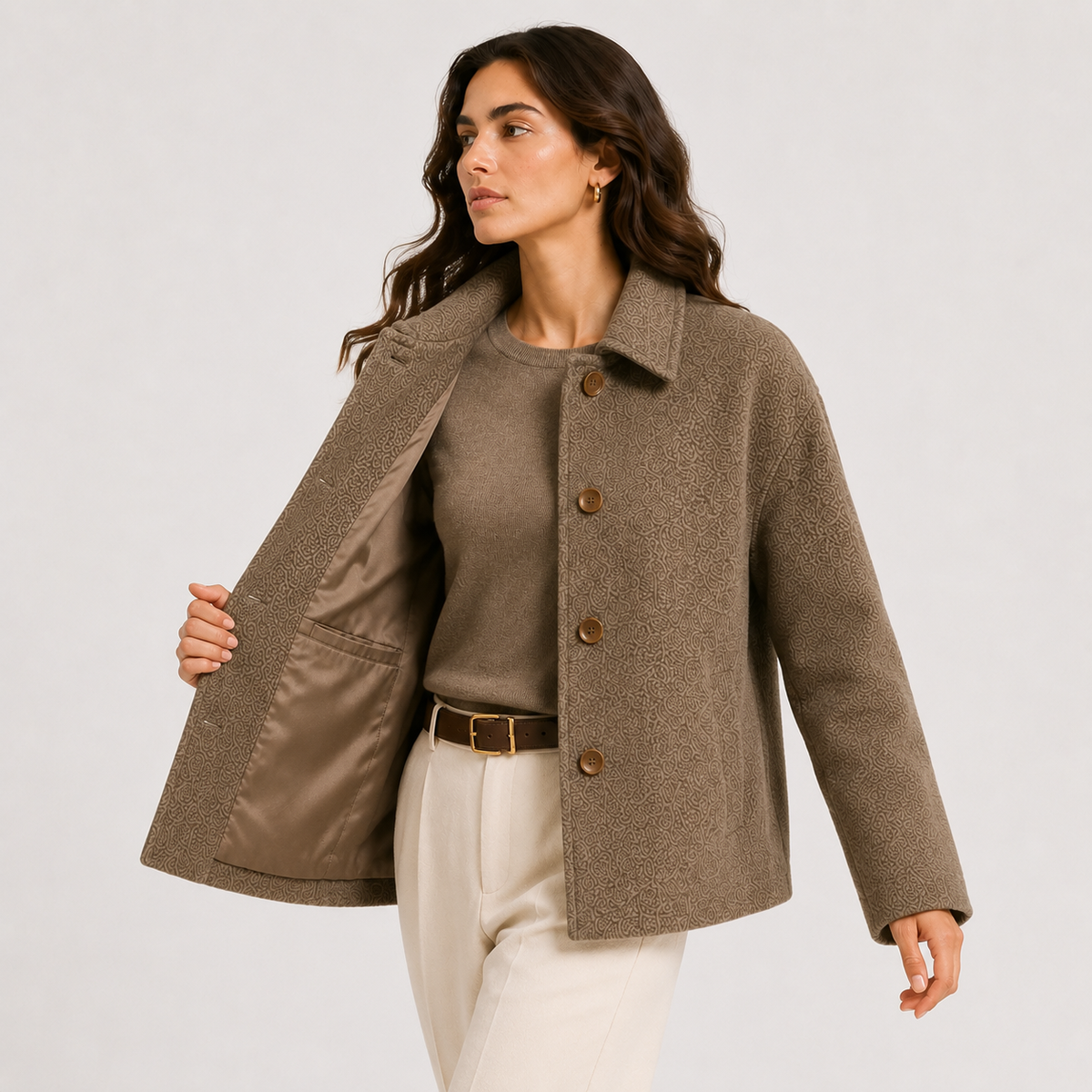 Taupe Relaxed Wool Jacket with Textured Finish and Satin Lining — variant_front