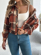 Cropped Plaid Shacket with Button Front and Chest Pockets — variant_front