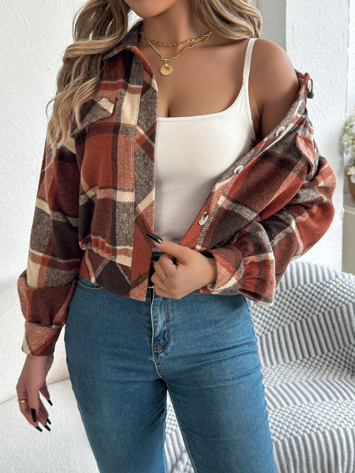 Cropped Plaid Shacket with Button Front and Chest Pockets — variant_front