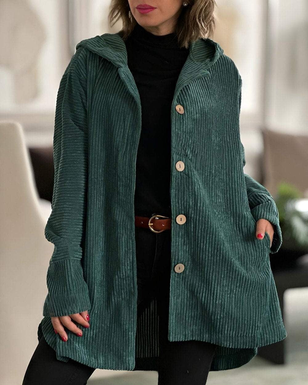 Retro Hooded Corduroy Jacket with Wooden Buttons — variant_front