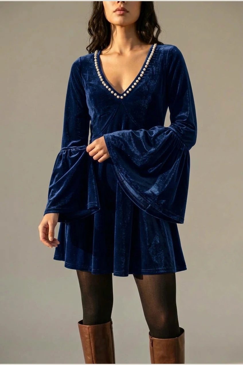 Mini Dress Women - Velvet Mini Dress with V-Neckline — variant_front
