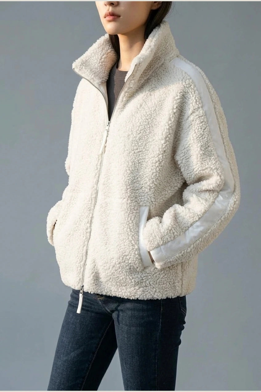 Teddy Zip Up Jacket with Stripe Detail for Women — variant_front