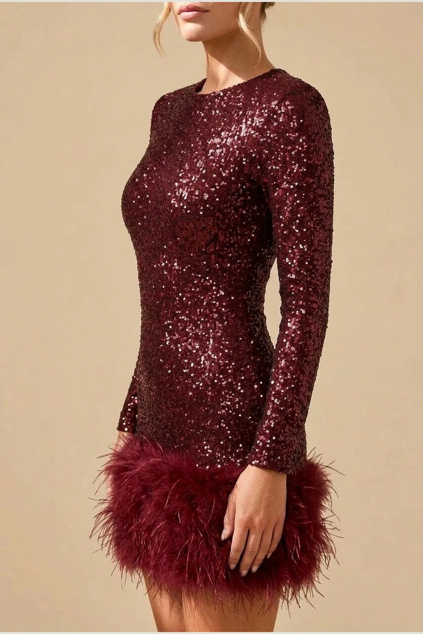 Mini Dress Women - Sequin Trim Dress with Feather Trim — variant_front