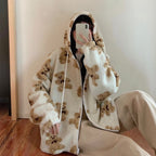 Oversized Fluffy Sherpa Jacket with Hood and Teddy Bear Print — variant_front
