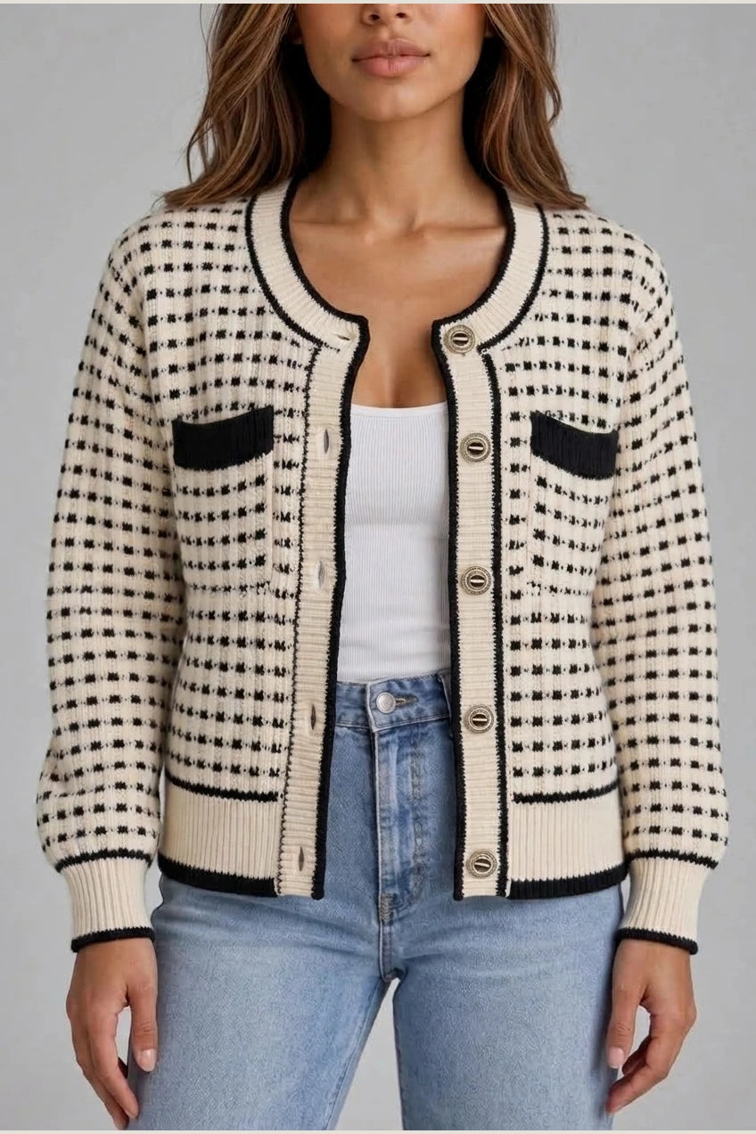 Women’s Textured Knit Cardigan – Button Front Contrast Trim Jumper — variant_front