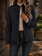 Fitted Quilted Jacket with Stand Collar and Contrast Piping — variant_front