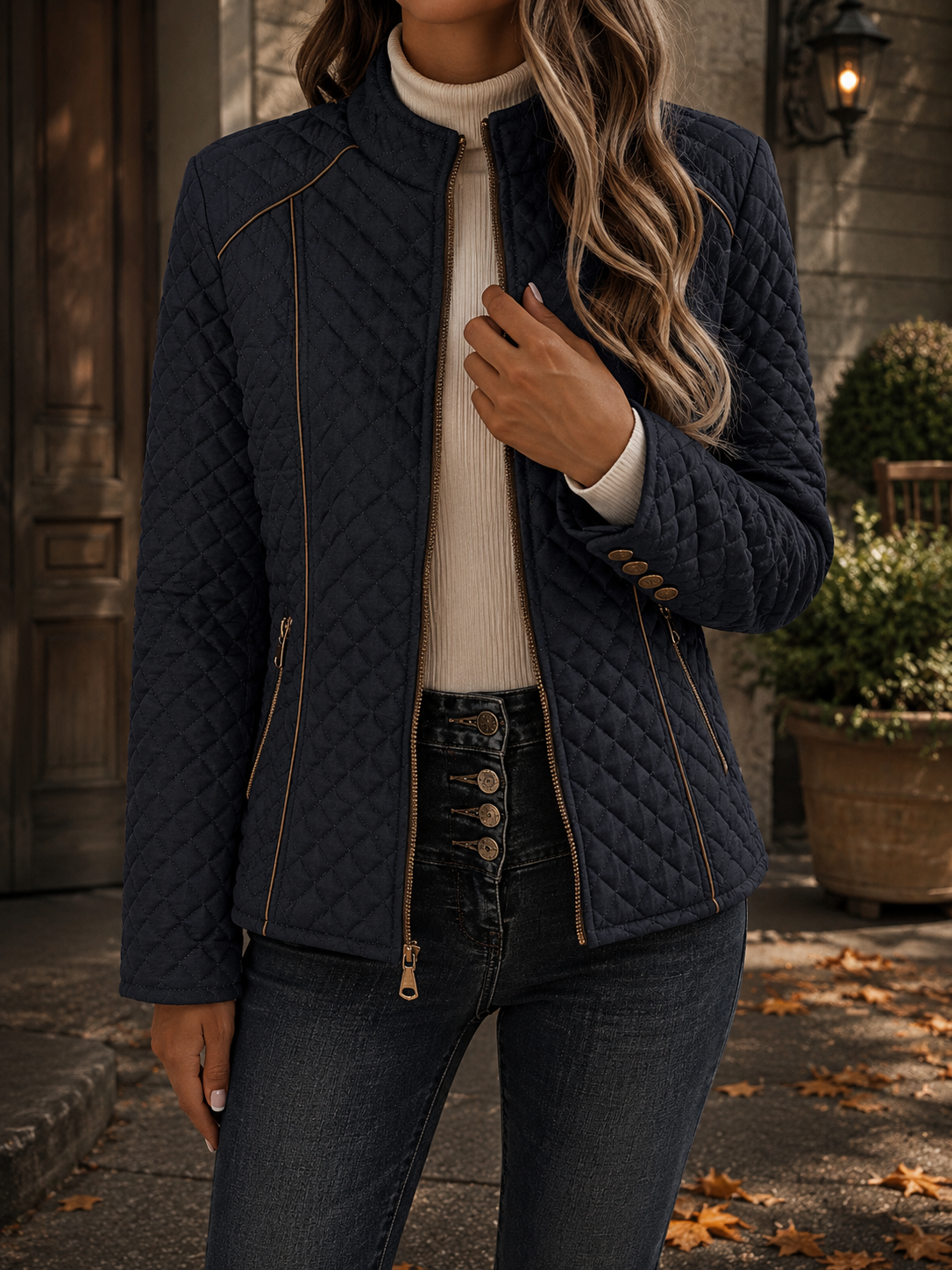 Fitted Quilted Jacket with Stand Collar and Contrast Piping — variant_front