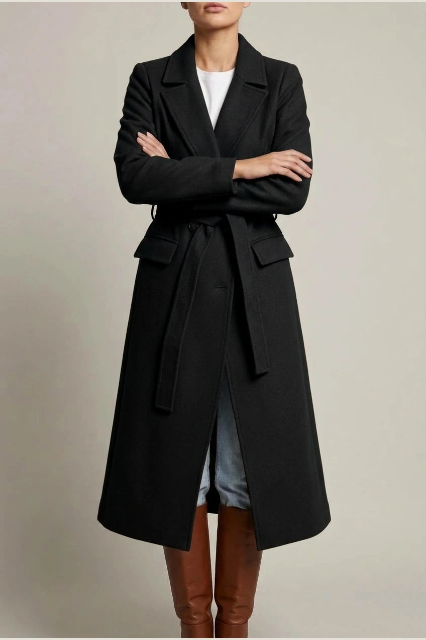 Women's Long Coat Wool Blend Belted Structured Tailored Fit Office — variant_front