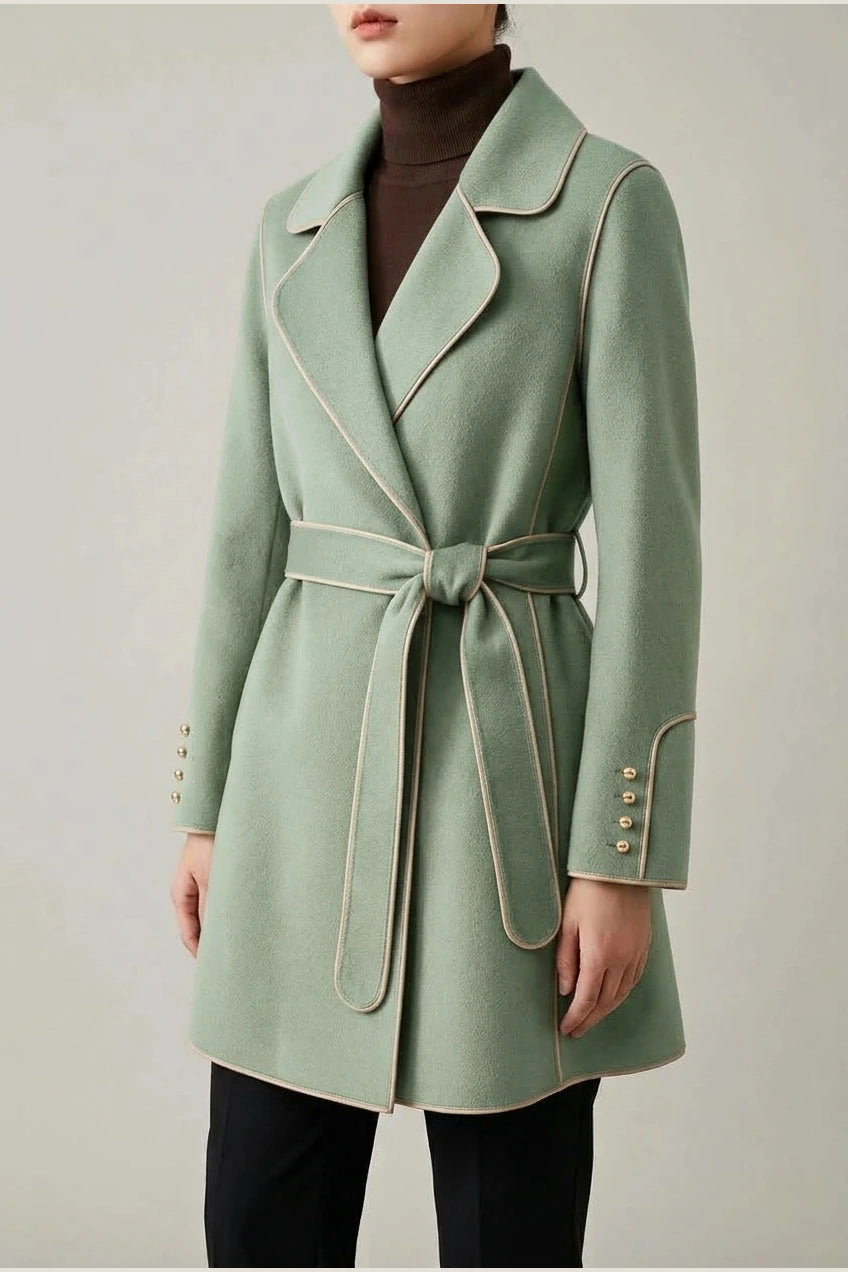 Refined Wool Coat with Contrast Trim and Self-Tie Belt — variant_front