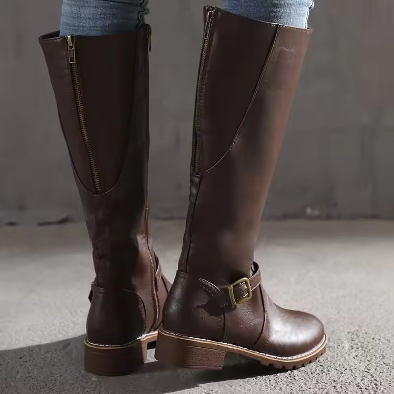 Classic Leather Knee High Boots with Buckle Strap and Block Heel — variant_front