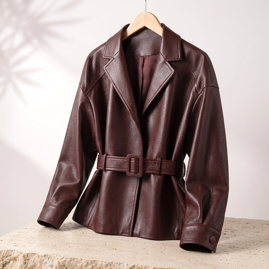 Belted Leather Jacket with Wide Collar and Cuffed Sleeves