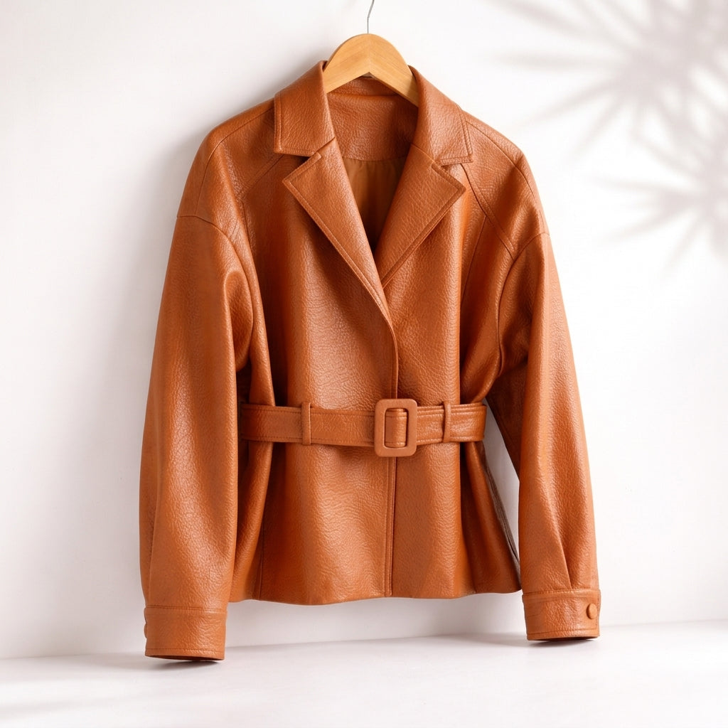 Belted Leather Jacket with Wide Collar and Cuffed Sleeves