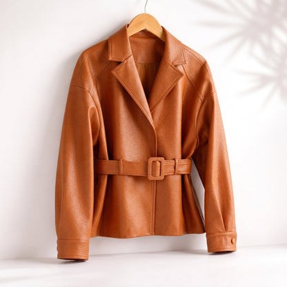 Belted Leather Jacket with Wide Collar and Cuffed Sleeves