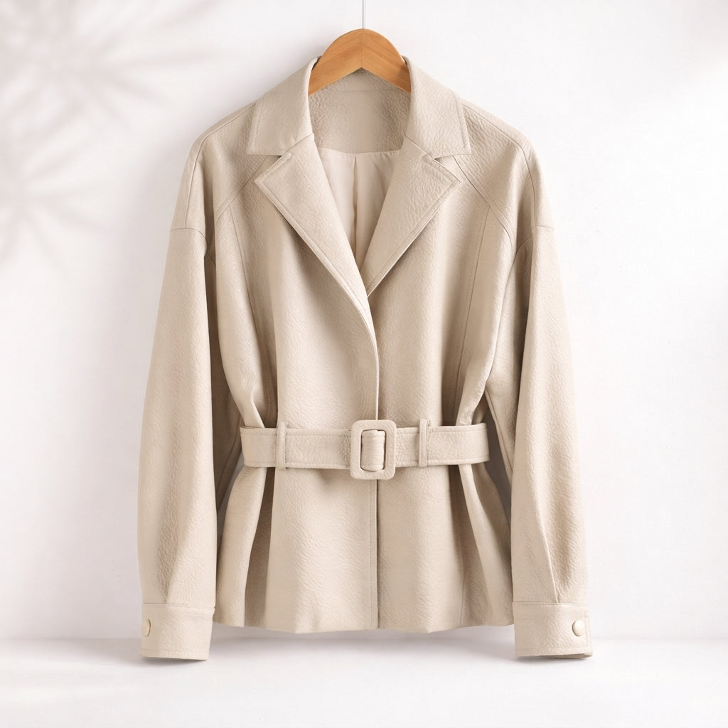 Belted Leather Jacket with Wide Collar and Cuffed Sleeves