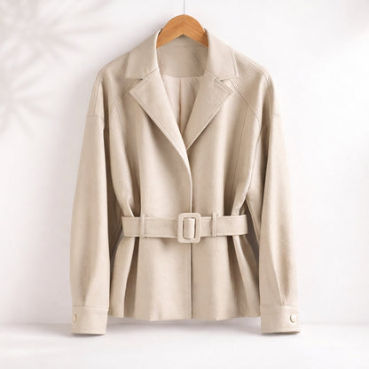 Belted Leather Jacket with Wide Collar and Cuffed Sleeves