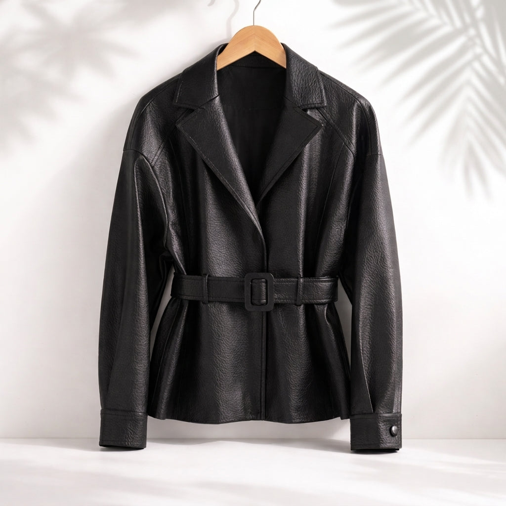 Belted Leather Jacket with Wide Collar and Cuffed Sleeves