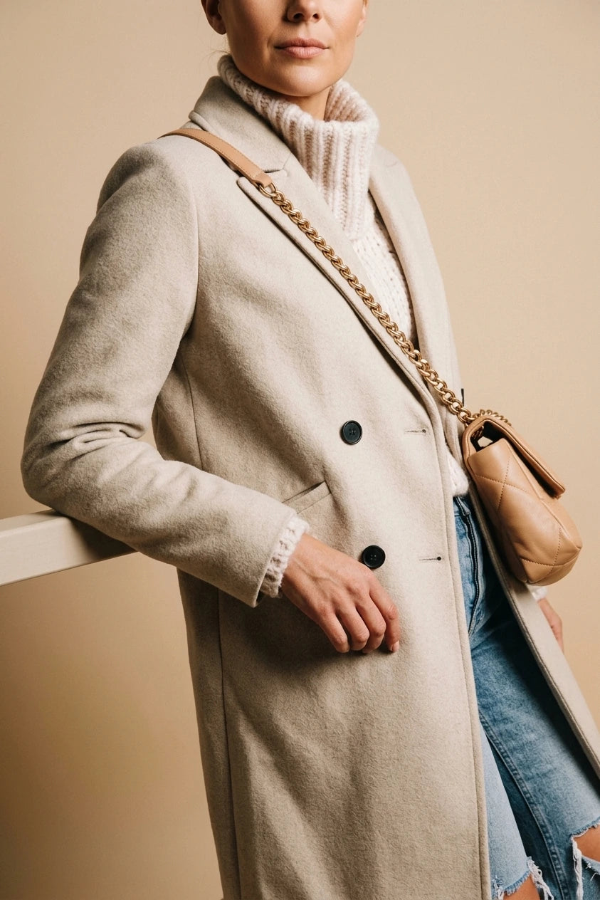 Women's Notch Lapel Longline Coat with Side Pockets — variant_front