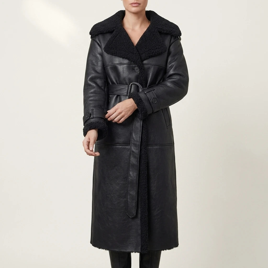 Women's Cozy Oversized Shearling Coat with Belt – Nell — variant_front