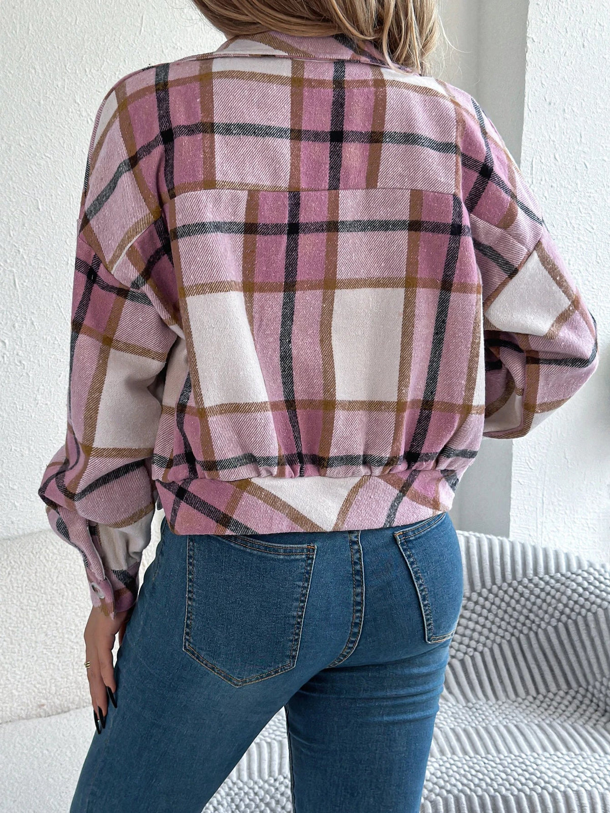 Cropped Plaid Shacket with Button Front and Chest Pockets — variant_front