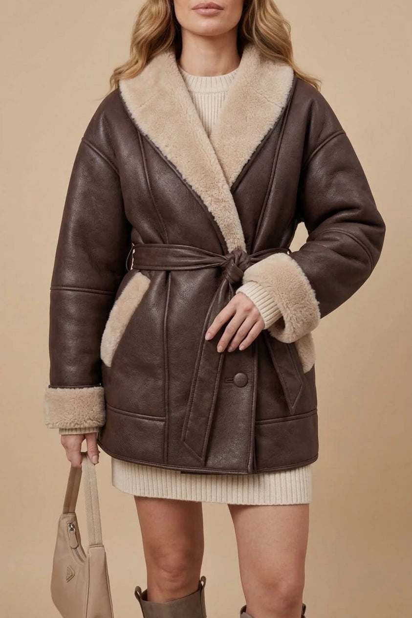 Oversized Leather Coat with Sherpa Lining and Tie Belt — variant_front