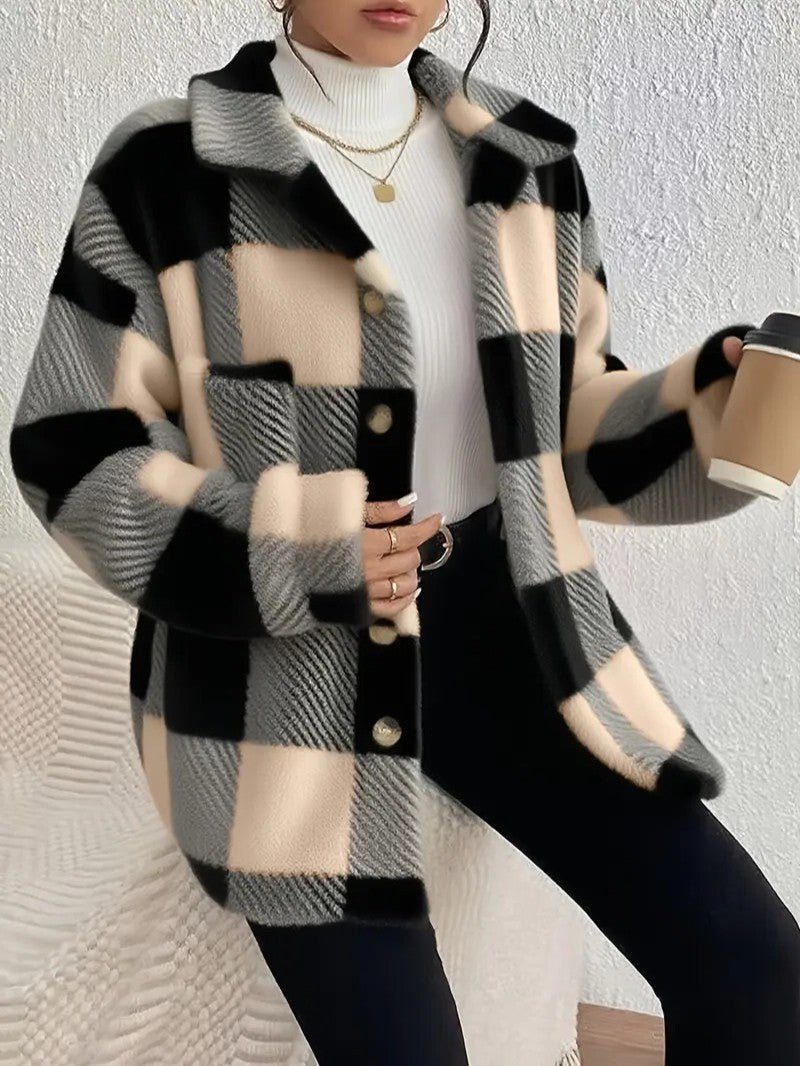 Plush Check Shacket with Gold Button Closure — variant_front