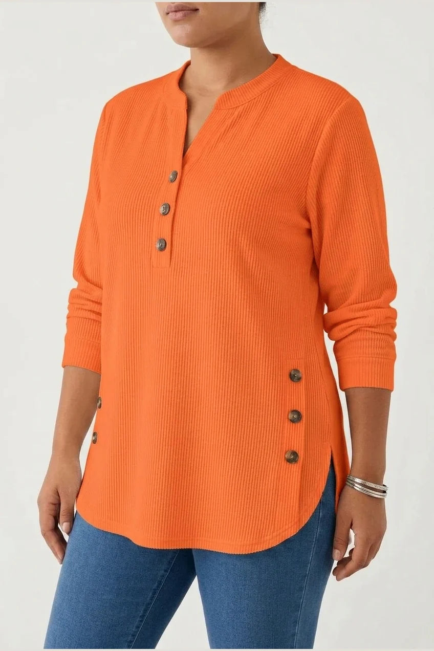 Plus Size, Plus-size Women's Spring/autumn Vertical Rib-textured Base Layer Top, Featuring a Loose Semi-open Neckline with Side-button Placket, Mid-length Curved Hem, European/American Style Long-sleeve Top That Covers the Hips and Slims the Figure. — variant_front