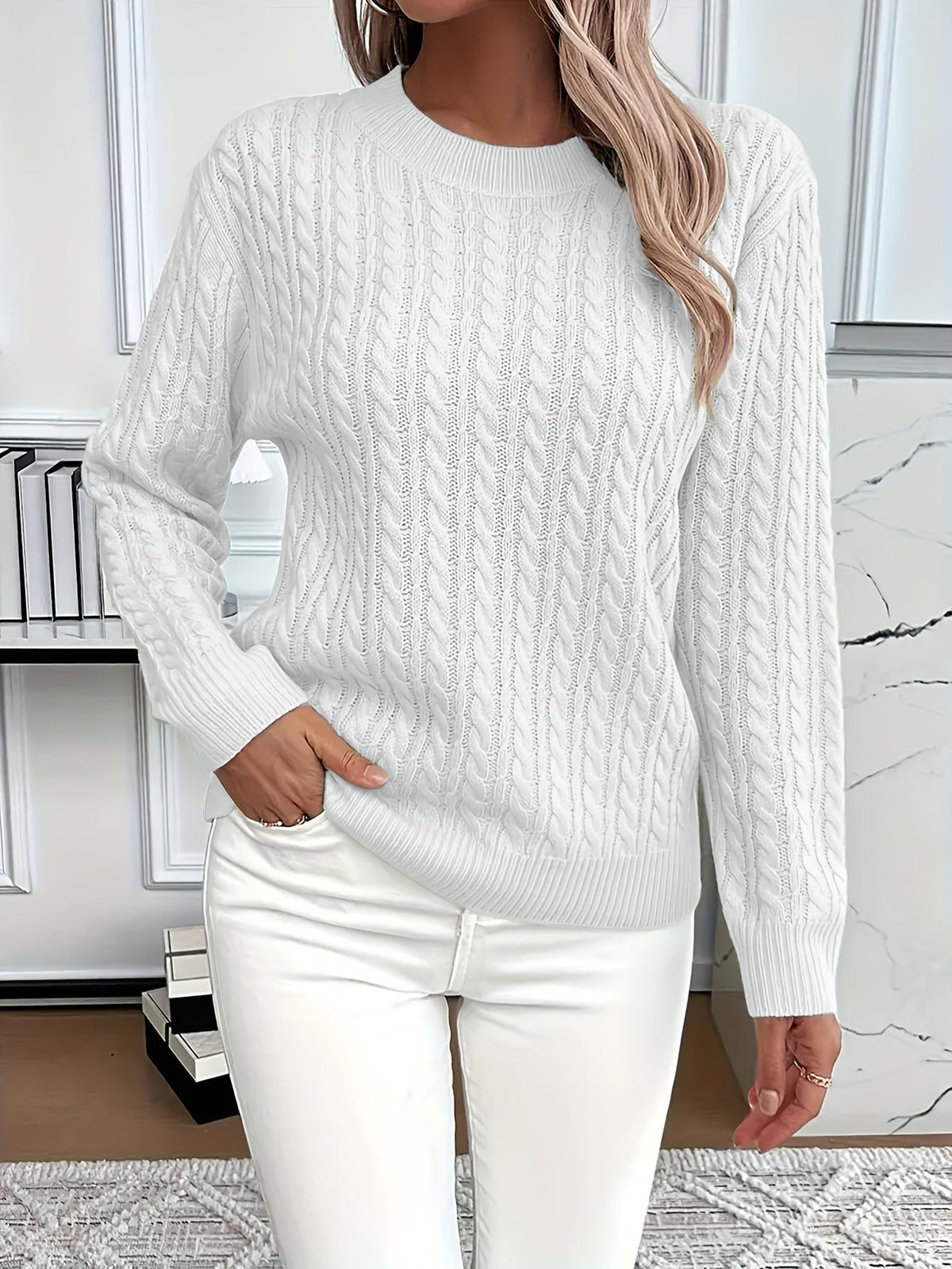 Chunky Cable Knit Sweater with Crew Neck and Ribbed Cuffs — variant_front