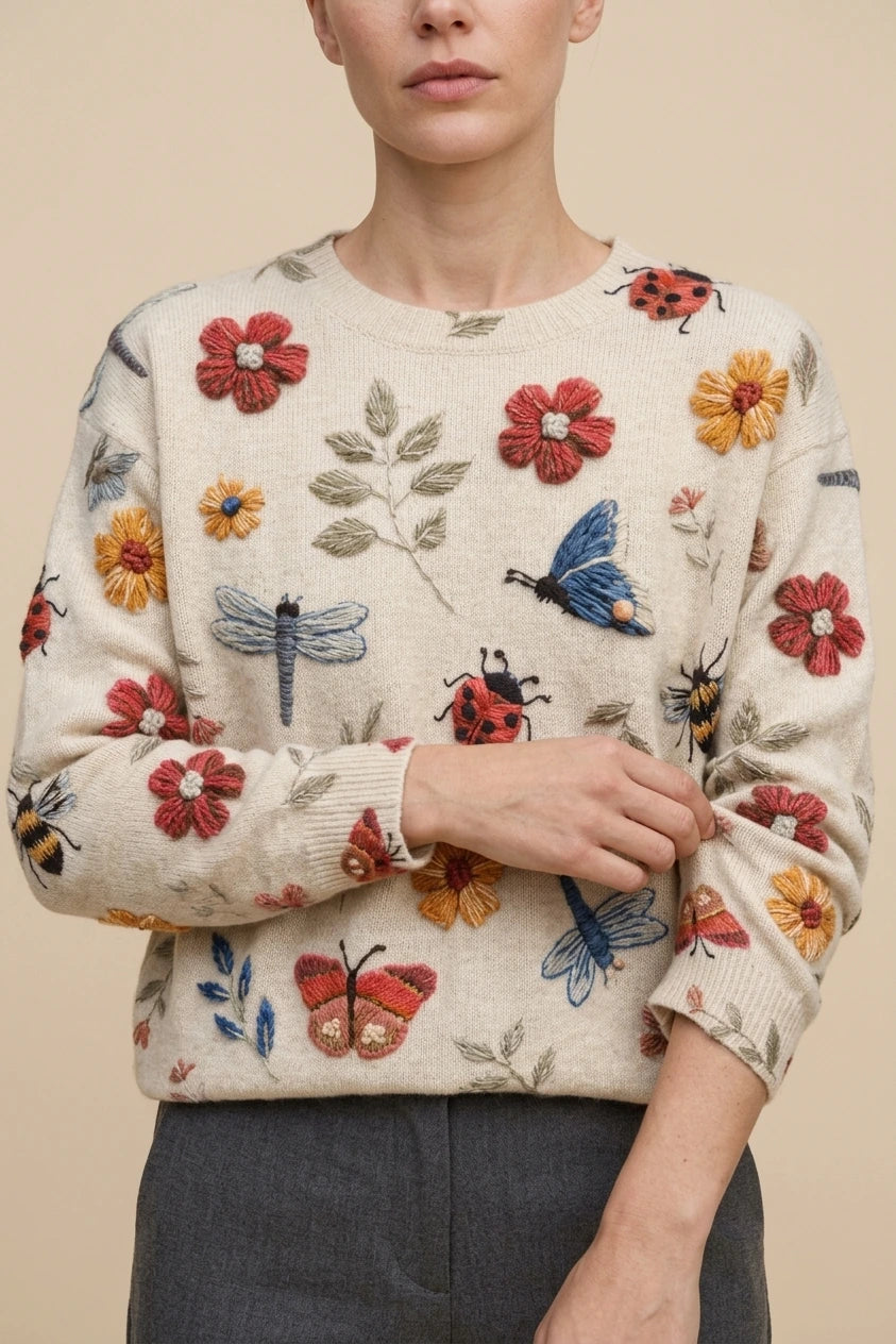 Women's Embroidered Floral Knit Sweater Loose Fit Crew Neck — variant_front