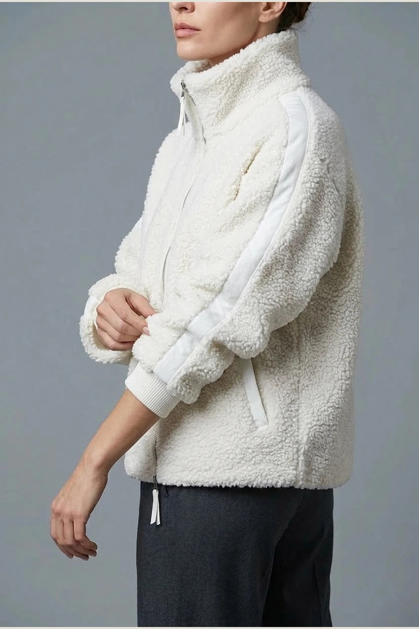 Teddy Zip Up Jacket with Stripe Detail for Women — variant_front