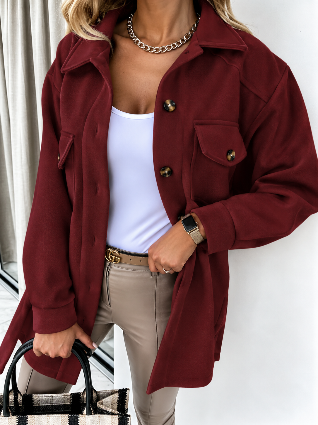 Relaxed Wool Shacket with Chest Pockets and Collar — variant_front