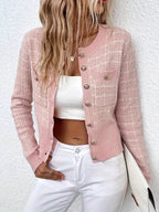 Houndstooth Knit Cardigan with Gold Buttons and Chest Pockets — variant_front