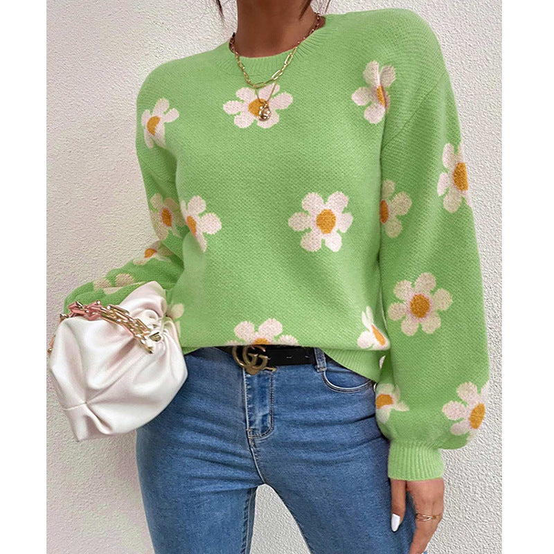 Floral Knit Sweater with Daisy Print and Puff Sleeves — variant_front