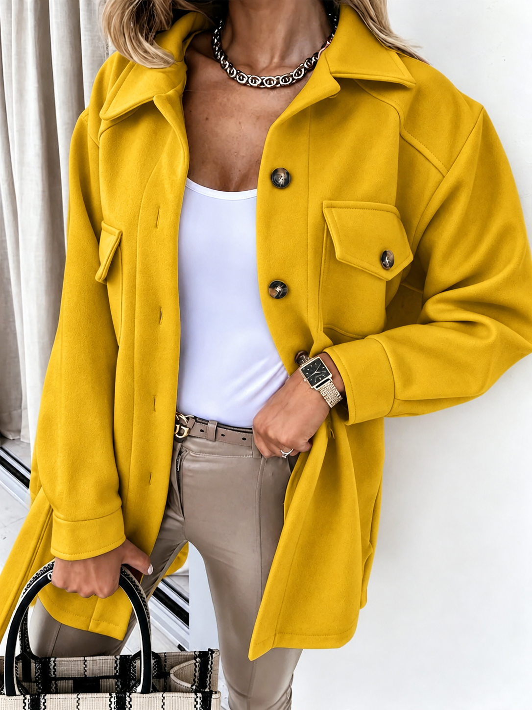 Relaxed Wool Shacket with Chest Pockets and Collar — variant_front