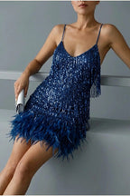 Sophie | Women's Sequin Fringe Feather Trim Cocktail Dress — variant_front