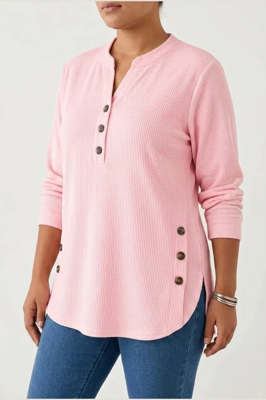 Plus Size, Plus-size Women's Spring/autumn Vertical Rib-textured Base Layer Top, Featuring a Loose Semi-open Neckline with Side-button Placket, Mid-length Curved Hem, European/American Style Long-sleeve Top That Covers the Hips and Slims the Figure. — variant_front